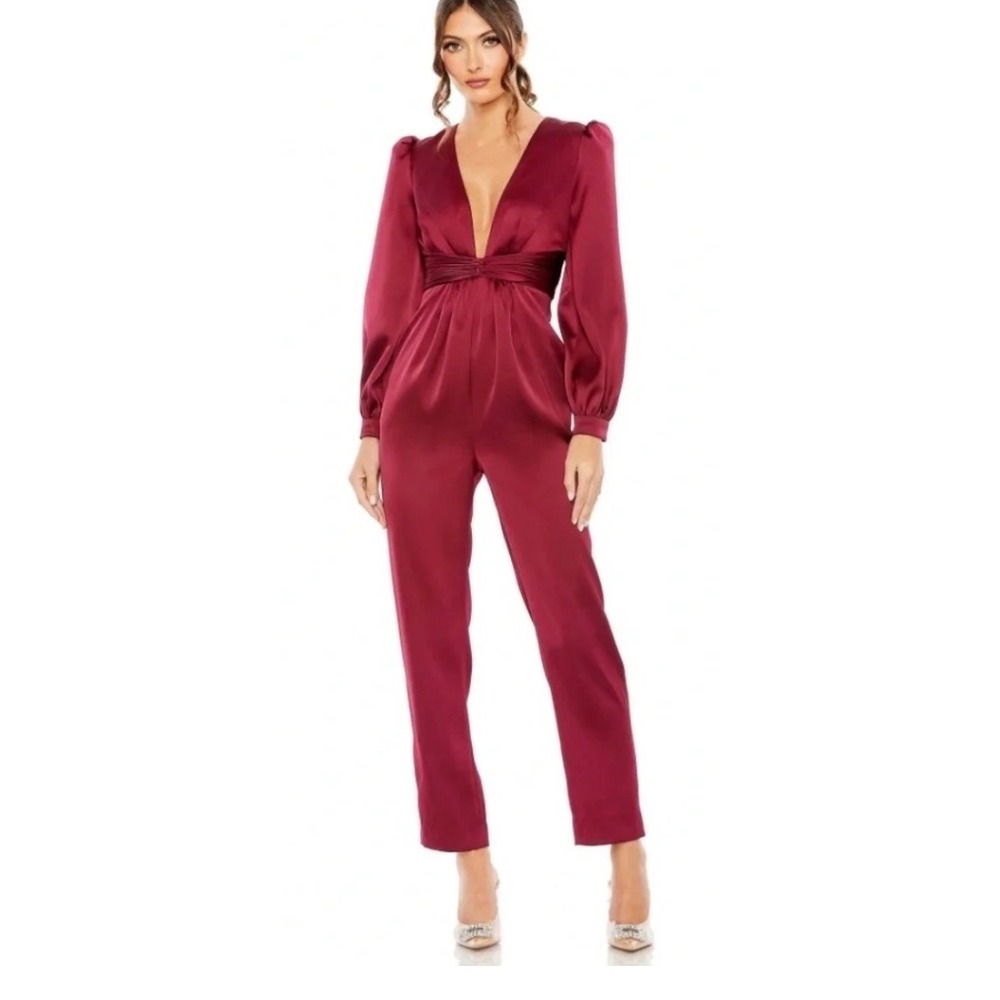 IEENA for Mac Duggal Burgundy Satin Puff Sleeve V-Neck Jumpsuit Size 2